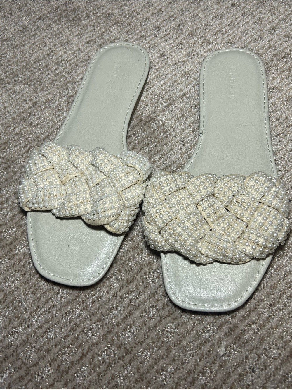 Braided Pearl-Embellished Slide Sandals - Cream